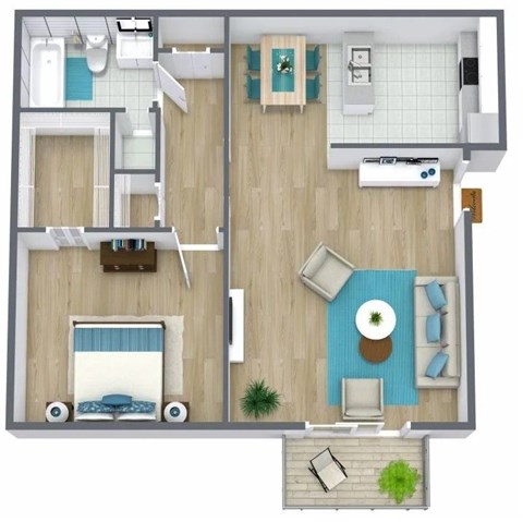 Floor plan for 1 bed, 1 bath, 615 sqft